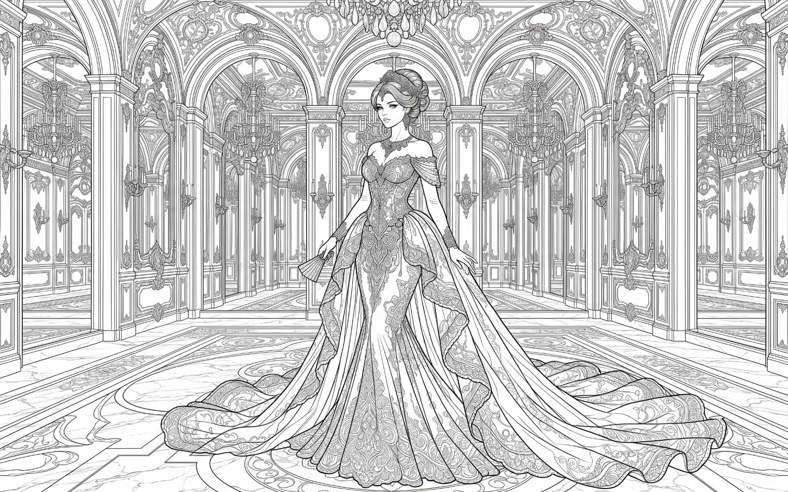 Intricate line-art princess coloring page in a royal palace hall with arches and ornate patterns printable high