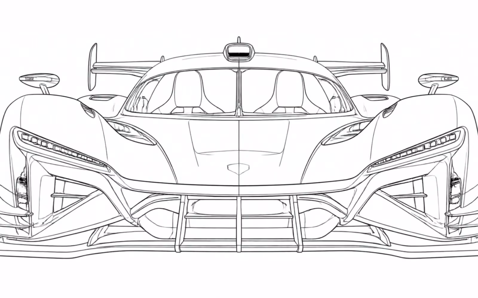 Front view line-art of modern electric sports car on a printable coloring book PDF page