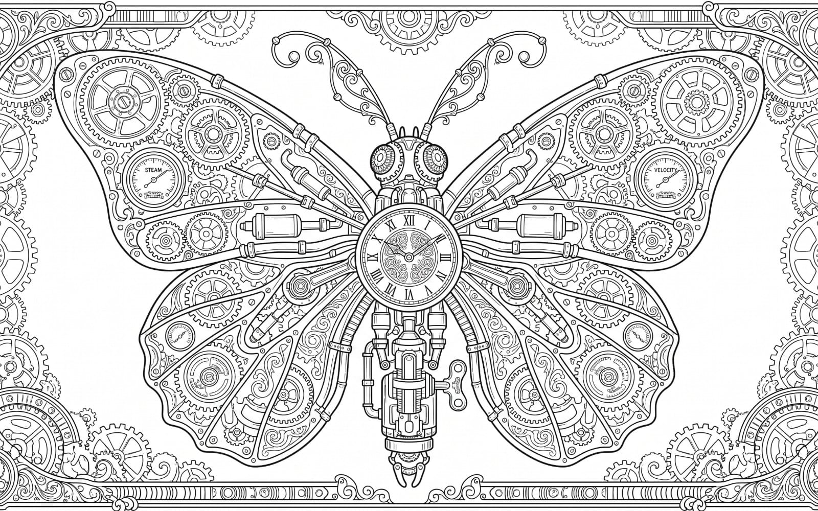 Steampunk mechanical butterfly line art coloring page with gears, clock face, and ornate scrollwork background