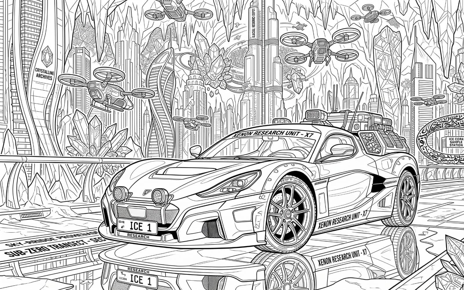 Futuristic cyberpunk supercar line art coloring book page with detailed sci-fi cityscape background high-res PDF 2K