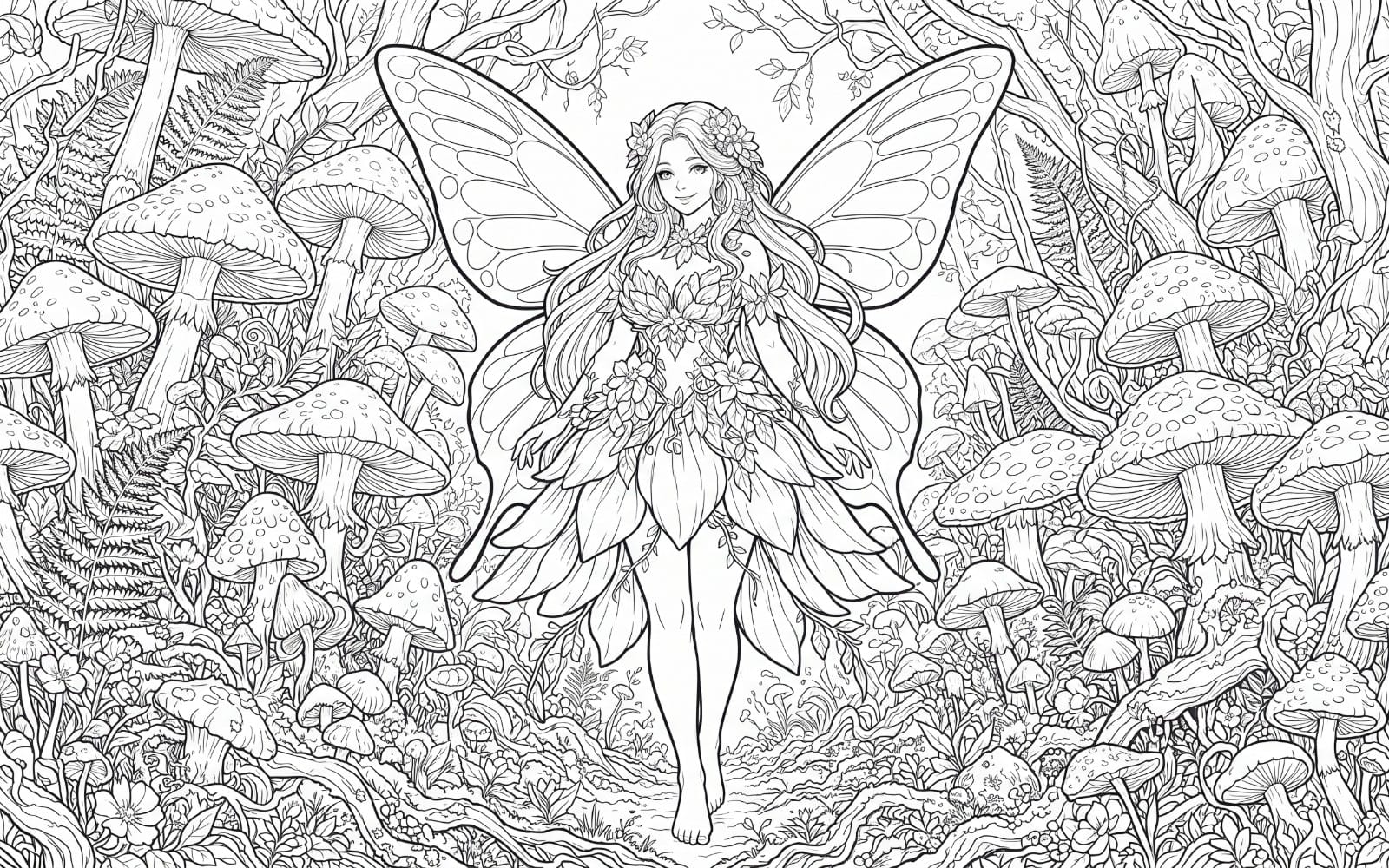 Fantasy forest spirit fairy with large wings in a mushroom filled woodland, steampunk coloring page line art bundle