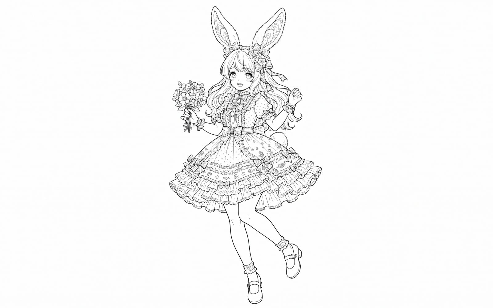 Cute anime girl coloring page line art with bunny ears and floral fashion outfit for adults and teens