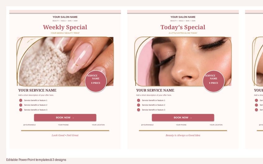 Beauty Salon Promo Templates – Editable Canva-Style Designs