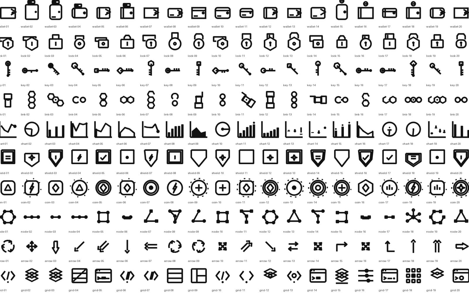 Contact sheet of 200 original crypto/dev SVG icons, 10 families of 20 variants