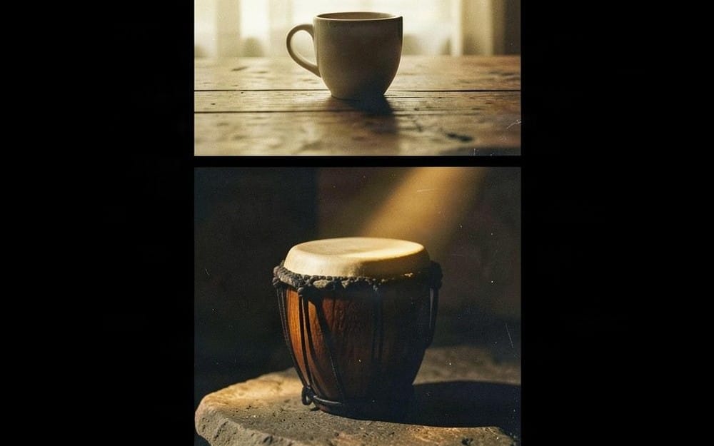 Minimal religious title graphic for a digital devotional, showing cup and wooden drum on a dark background