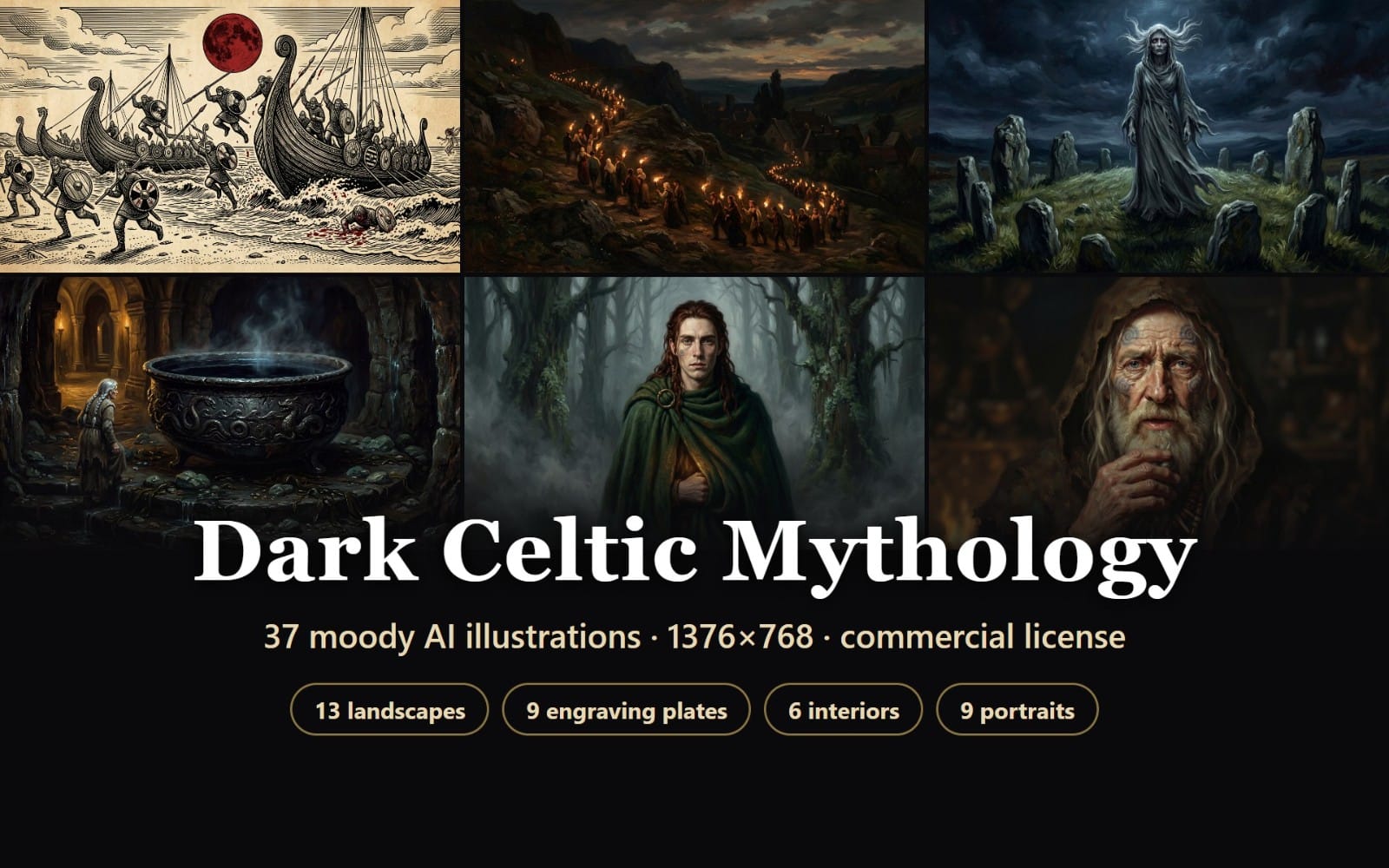 Dark Celtic mythology banner showing six moody AI fantasy scenes and text for a 37-illustration digital pack