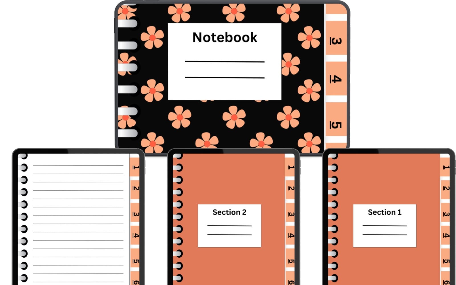 Digital notebook templates displayed on tablets with orange flower covers and hyperlinked section tabs 1 to 5