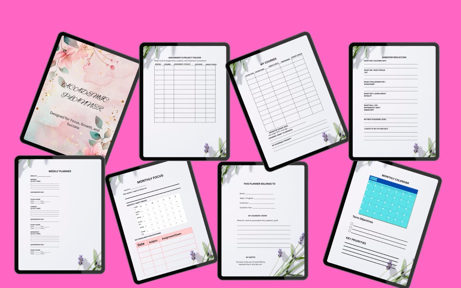 Set of digital academic planner pages for a semester and session with weekly, monthly, and reflection sections on