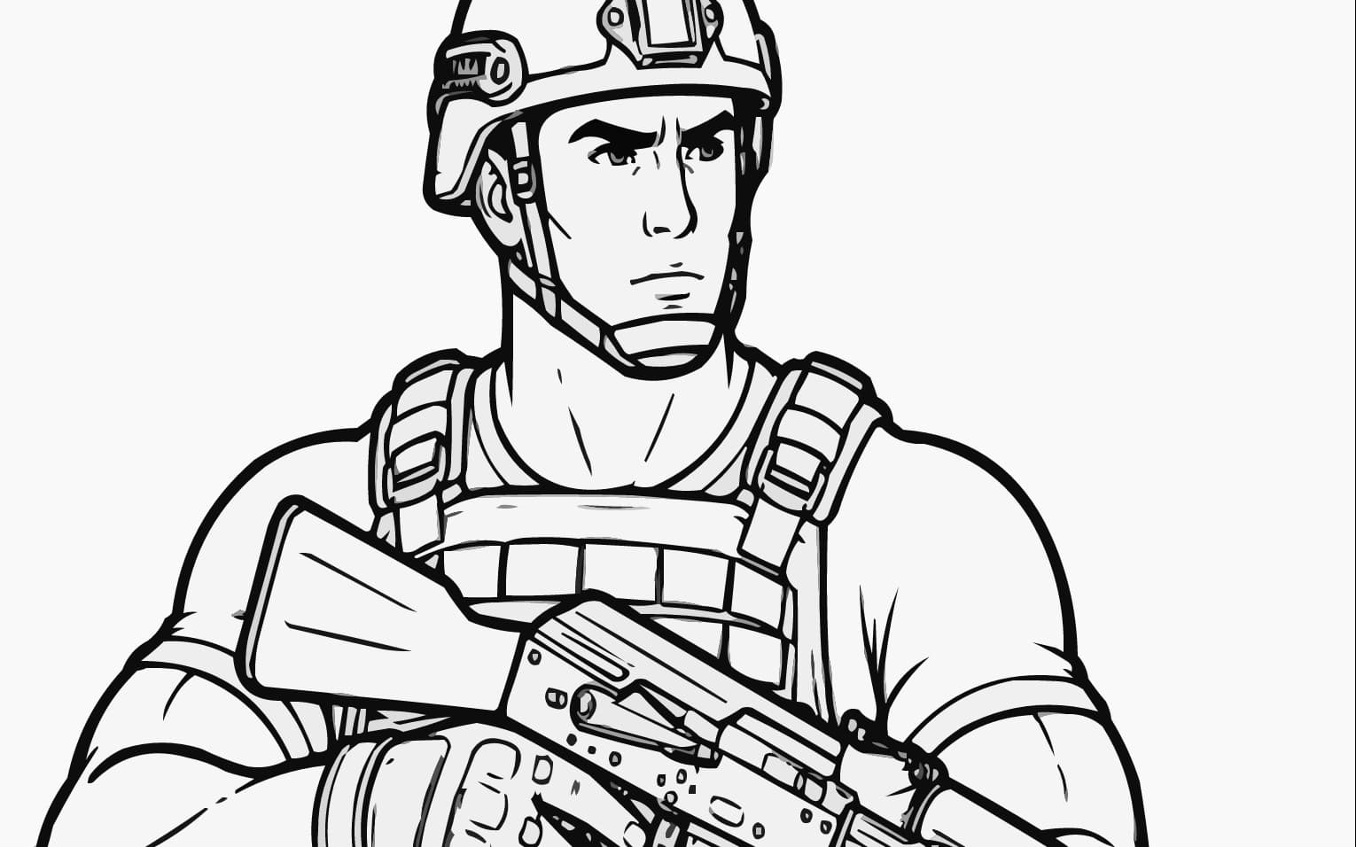 A muscular soldier holding a Detailed AK 47 Coloring Page