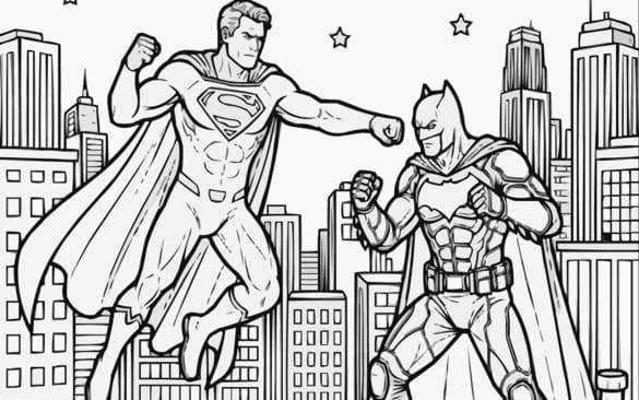 Superman vs Batman Rooftop Battle Coloring Page