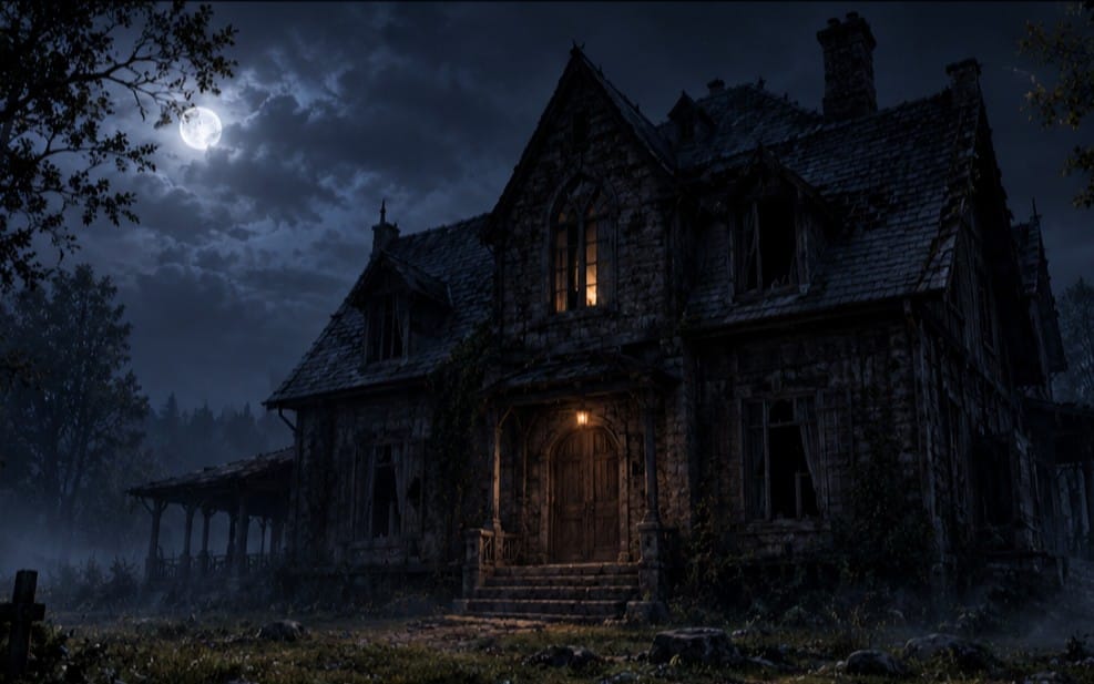 Dark haunted house at night with glowing windows and full moon, cinematic background for a horror game scene