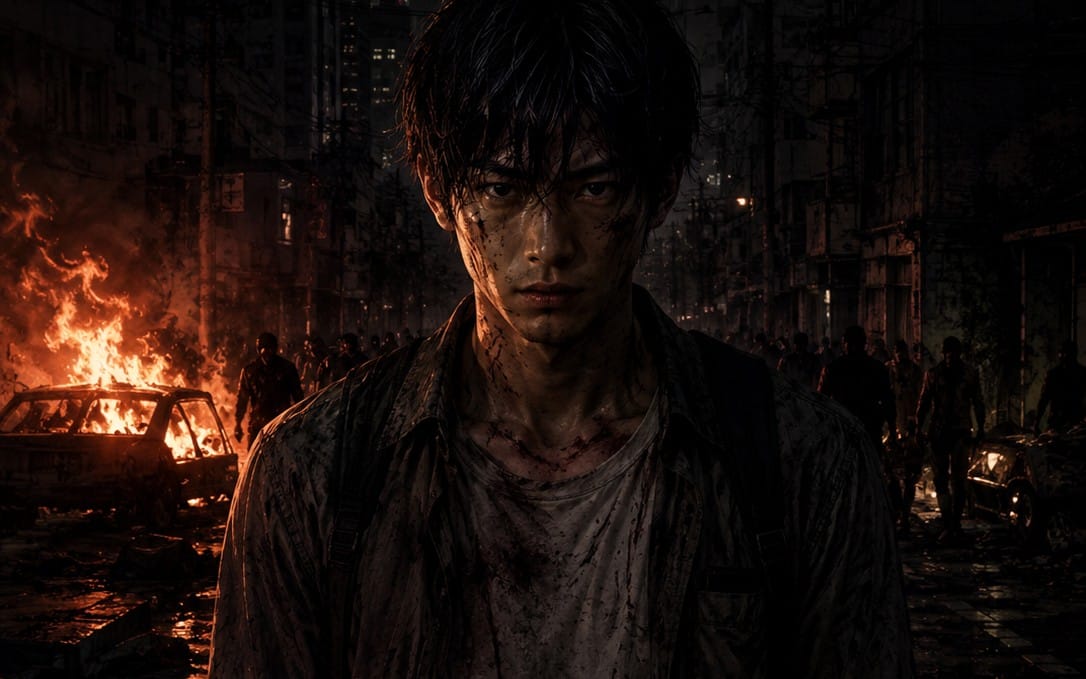 Horror game cover art for Son Kun Part 3, showing a bloodied teen survivor in a burning urban street scene