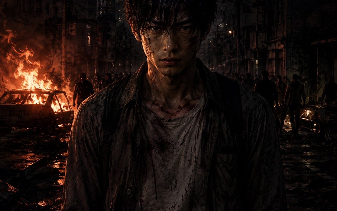 Dark cinematic action game key art of a wounded young man standing in a ruined city with fire and smoke