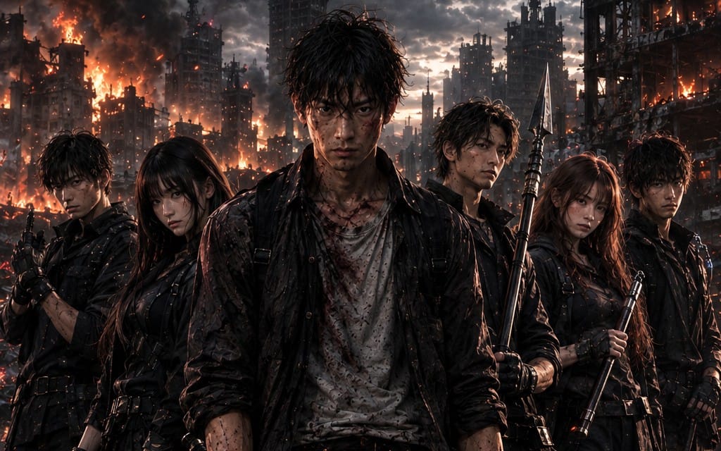 Post-apocalyptic anime game cover art showing a group of armed survivors in a burning city with smoke and flames