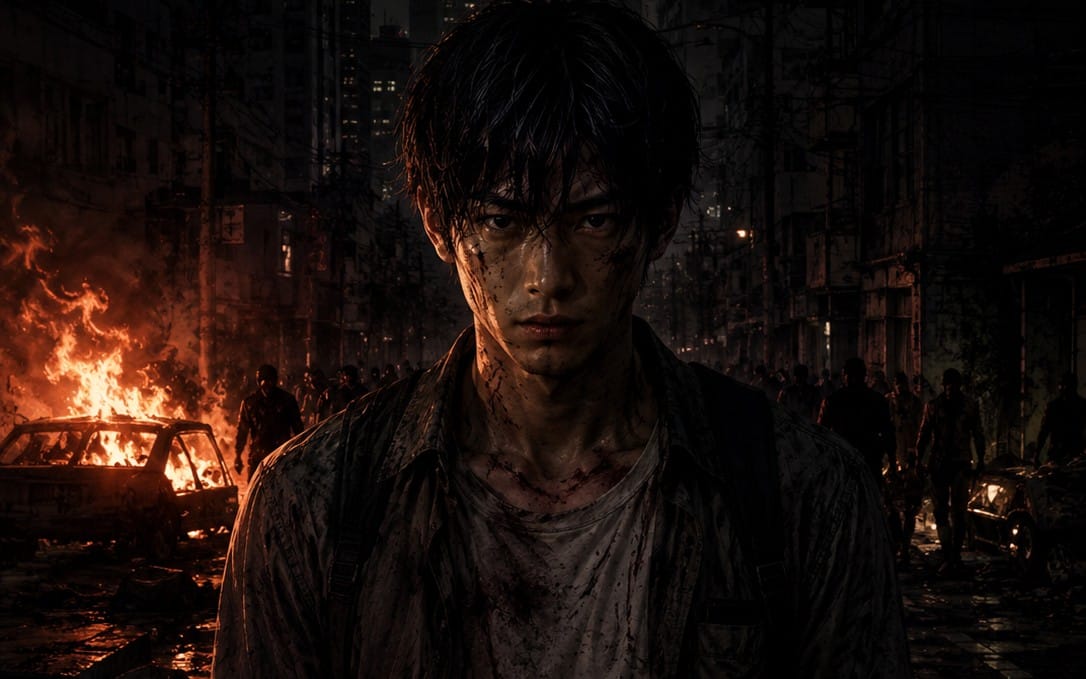 Horror game key art cover with a bloodied young man facing camera amid burning street and cars