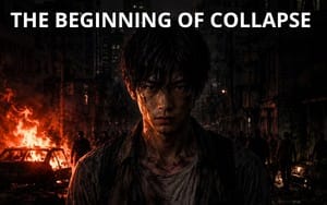 Surreal game cover for The Beginning of Collapse with a distressed man in a ruined city with flames and firelight