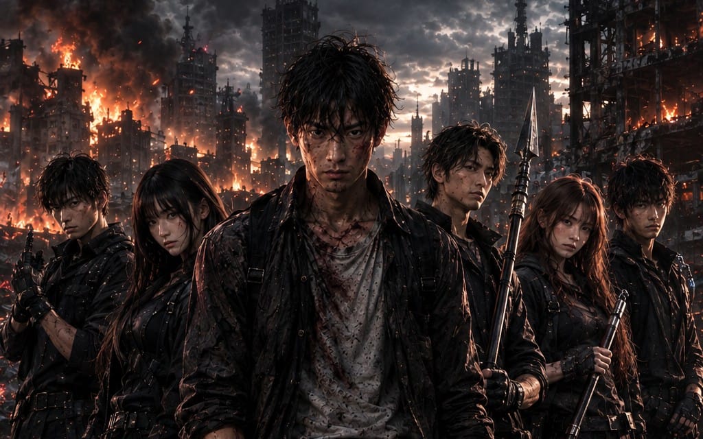 Group of young fighters holding rifles in a fiery post-apocalyptic city, cover art for manga volume Part Two