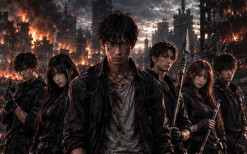 Apocalyptic sci-fi game artwork showing a group of armed survivors in a burning city with a central male protagonist