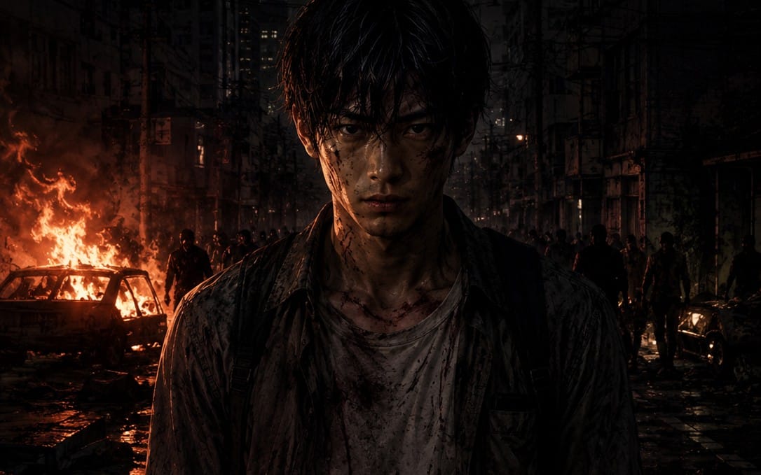 Post-apocalyptic digital art key art showing a wounded young man in a ruined city with fires behind him
