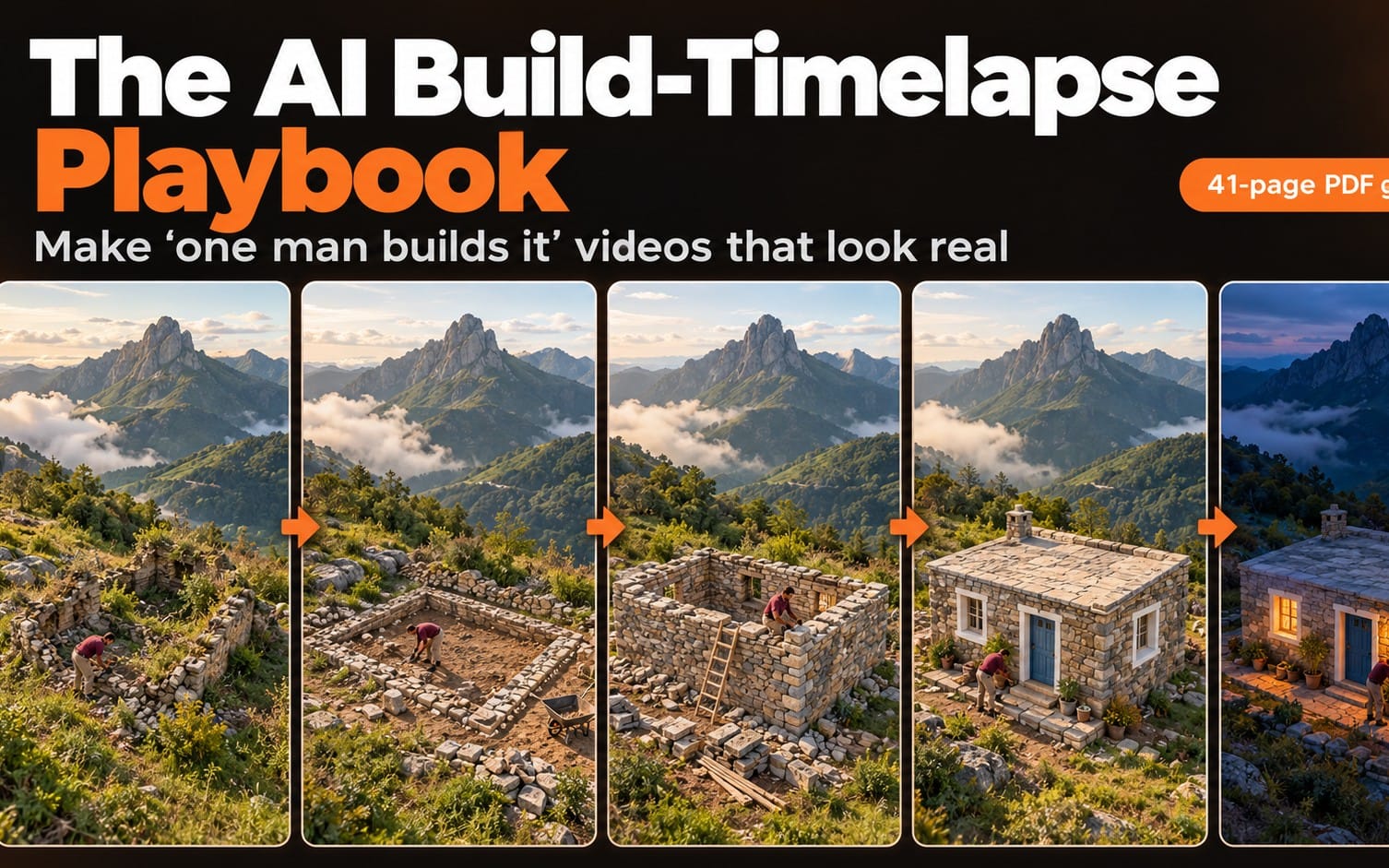 Cover of BuilinSeconds user guide PDF with AI build-time-lapse Playbook title and sequential construction scenes
