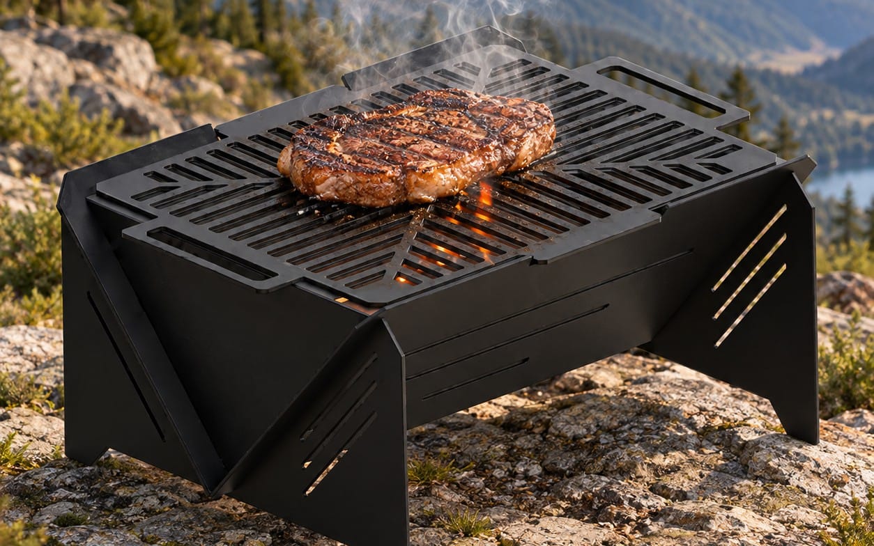 Portable black outdoor BBQ grill with a searing steak over open grates in a mountain campsite setting
