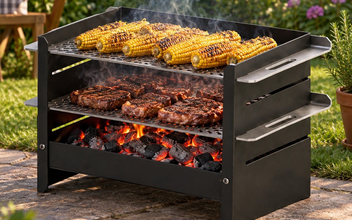 Portable solid charcoal BBQ grill with corn and steaks cooking outdoors, product design files bundle listing