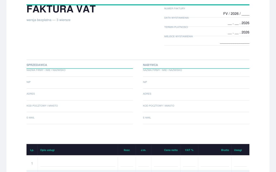 Faktura VAT 2026 – darmowy wzór dla freelancerów i JDG