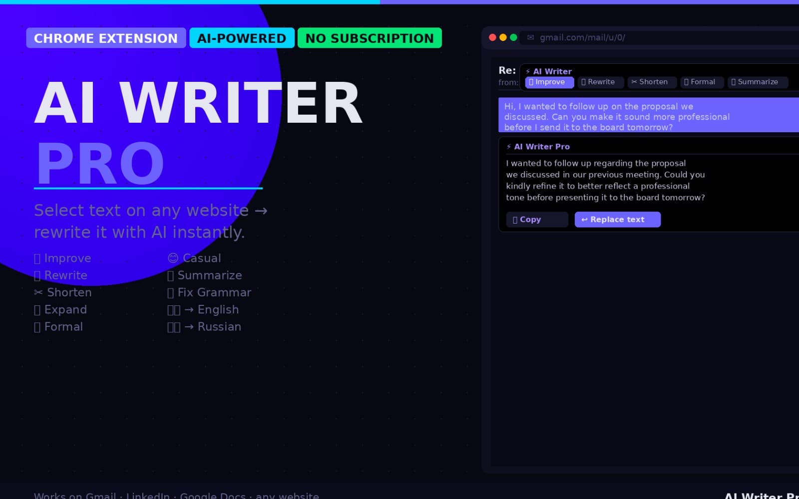 AI Writer Pro — расширение для Chrome (переписывайте любой текст с помощью ИИ)