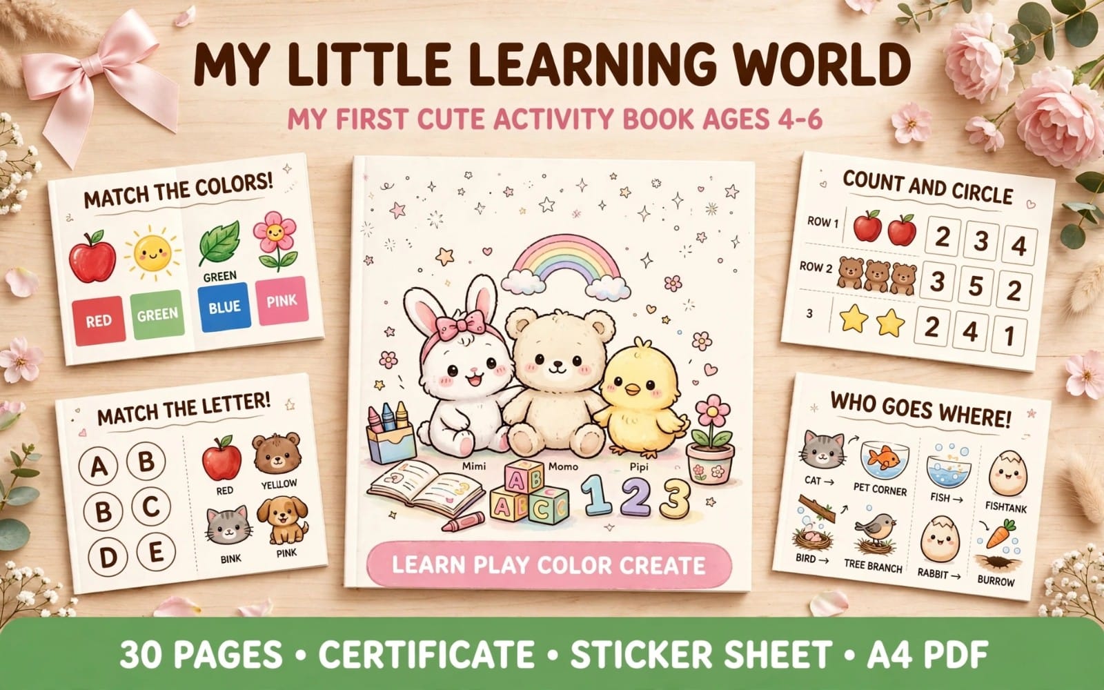Preschool activity book cover layout with ABC, numbers, colors, shapes, tracing and coloring worksheets for ages 4–6