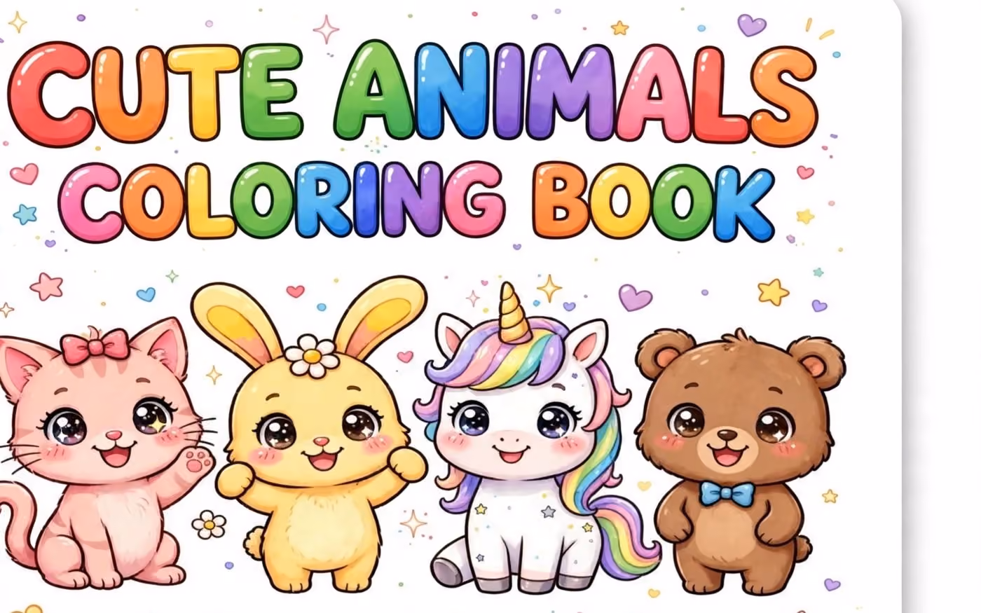 Cute Animals Coloring Book cover with cats, bunnies, unicorn, and bear cartoon characters and colorful title text