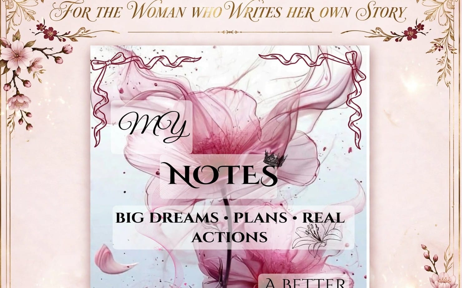 Luxury guided notebook cover design with pastel ballet-dancer artwork, floral border, and bold text My Notes