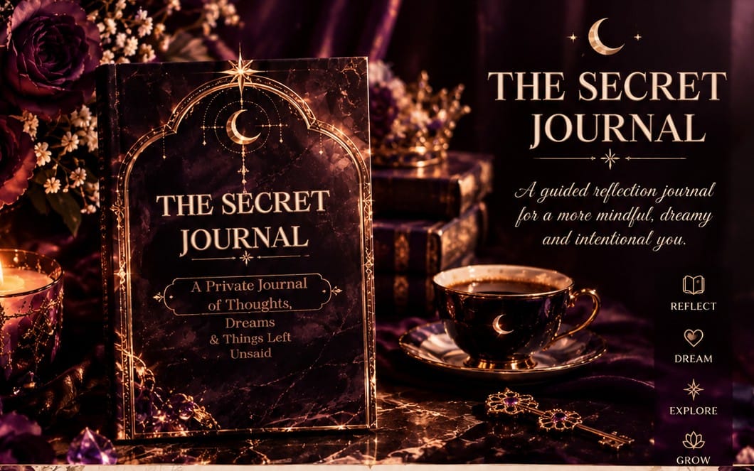 Dark purple guided reflection journal cover titled The Secret Journal with crescent moon and ornate starry design
