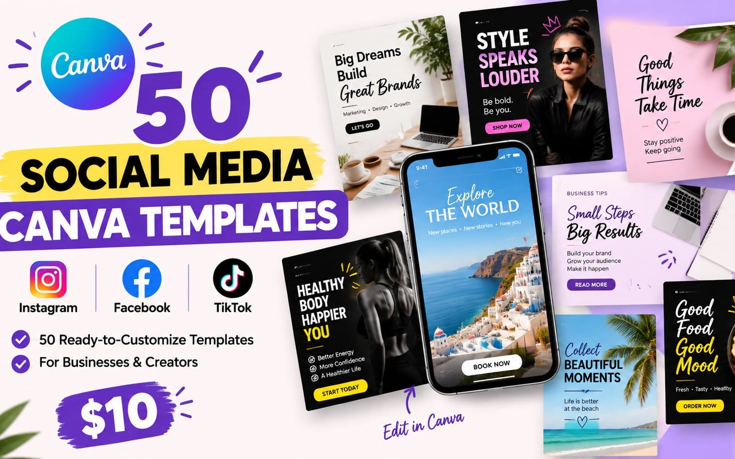 Canva social media poster showing 50 ready-to-edit Instagram Facebook TikTok templates with smartphone and graphic cards