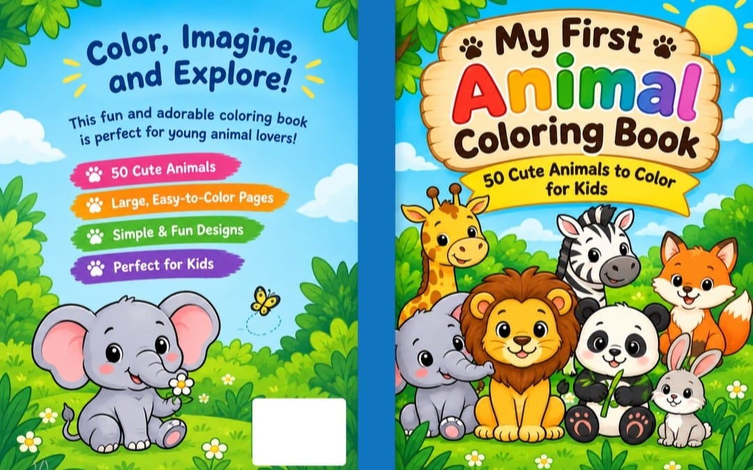 My First Animal Coloring Book cover with cute animals and title text, for kids coloring pages