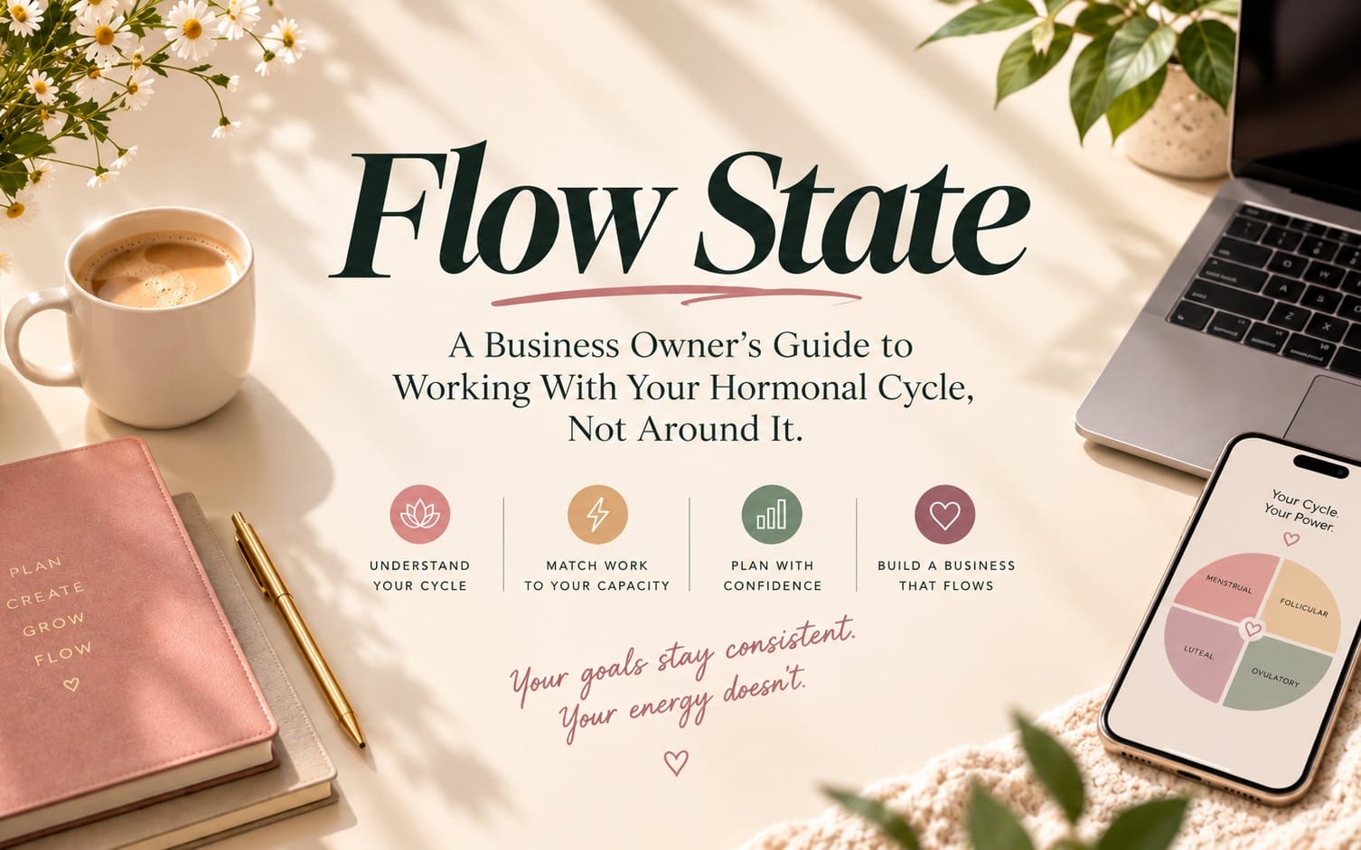 Book cover titled Flow State with desk scene: laptop, phone cycle diagram, coffee cup, flowers and notebooks