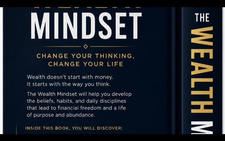 Blue ebook cover titled The Wealth Mindset with motivational text and gold lettering