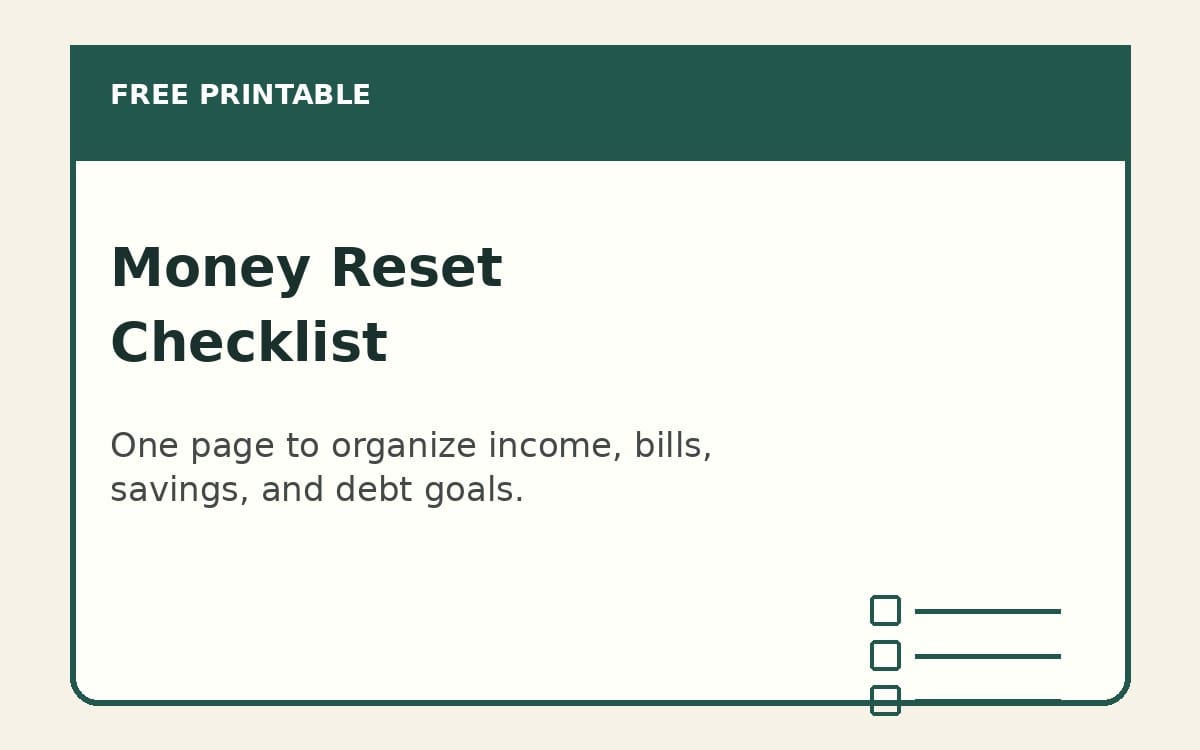 Free printable one-page Money Reset Checklist PDF cover with headings and checkbox list layout