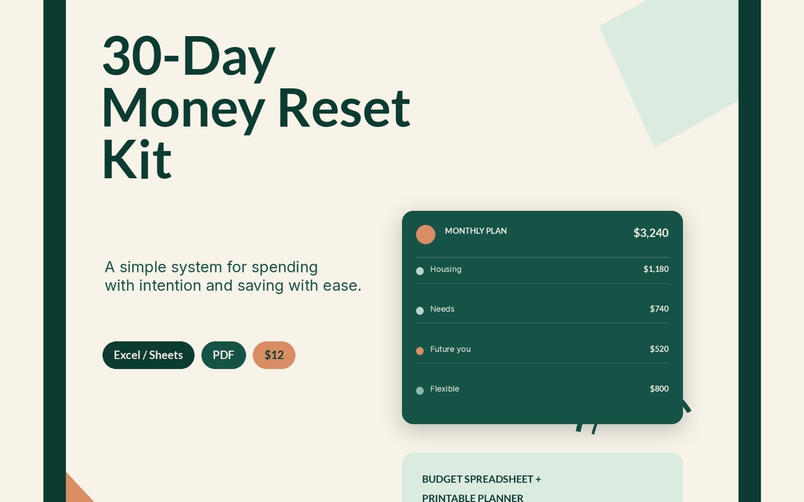 Digital bundle cover showing “30-Day Money Reset Kit” budget worksheet preview with monthly plan categories