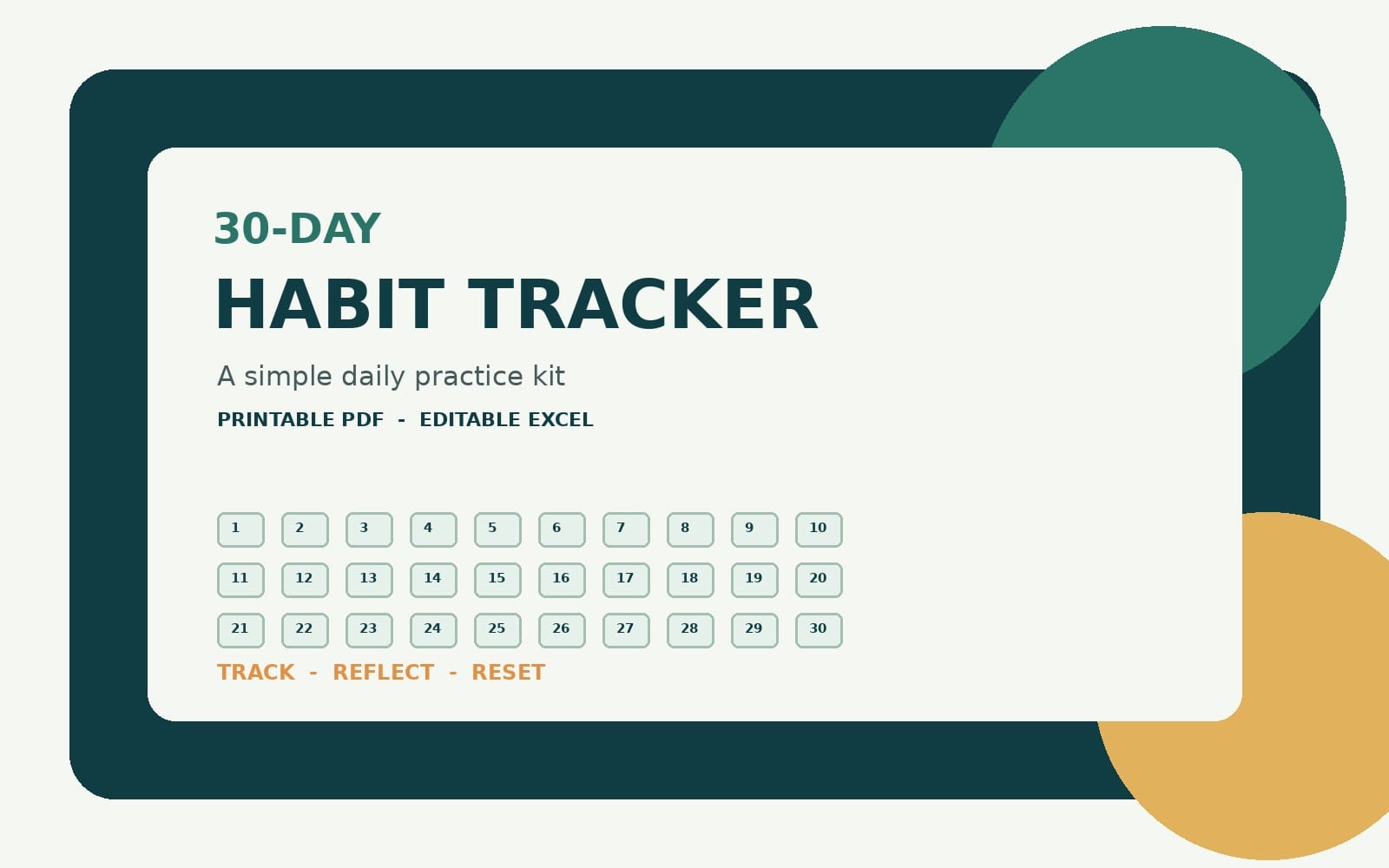 30-day habit tracker printable PDF and editable Excel template cover with numbered daily checkboxes 1 to 30