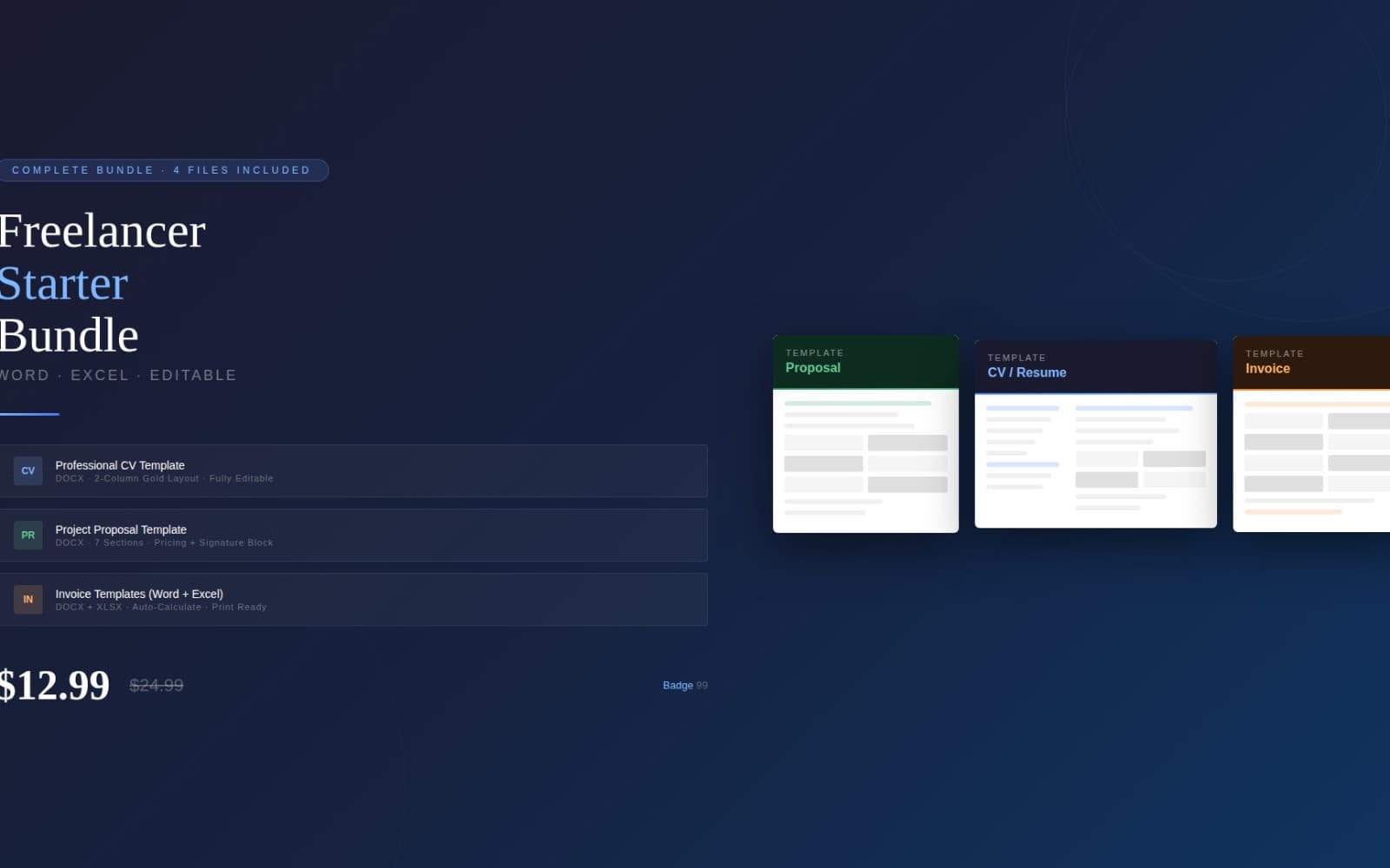 Badge99 — Freelancer Starter Bundle (CV + Proposal + Invoice)