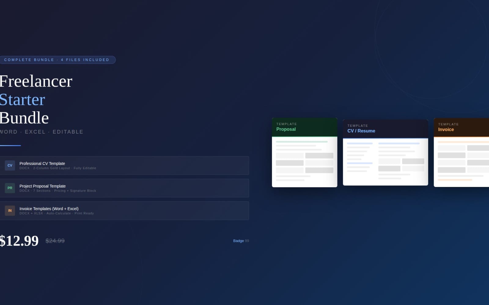 Badge99 — Freelancer Starter Bundle (CV + Proposal + Invoice)