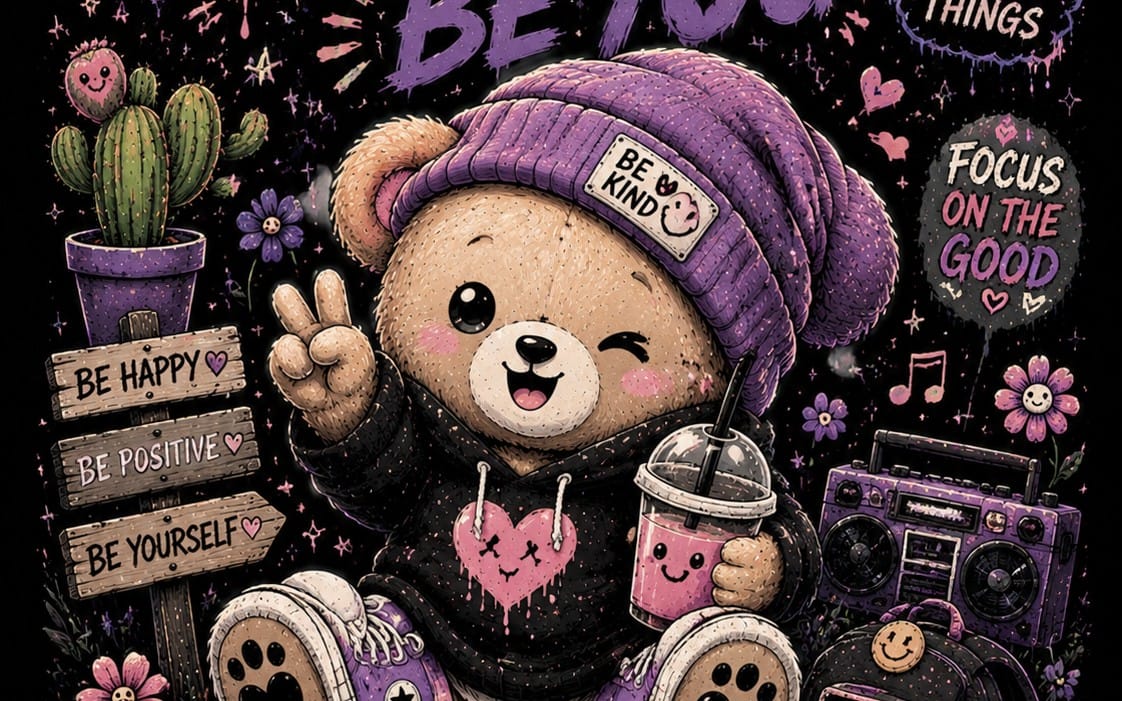 Cute bear character wearing a purple beanie with motivational text and playful cactus elements on t-shirt pack graphic