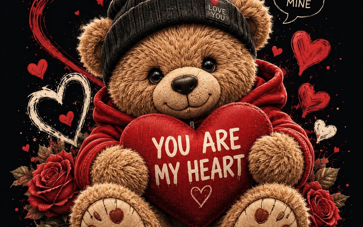 Cute teddy bear in red hoodie holding a heart text You are my heart with Valentine flowers and POD design pack artwork