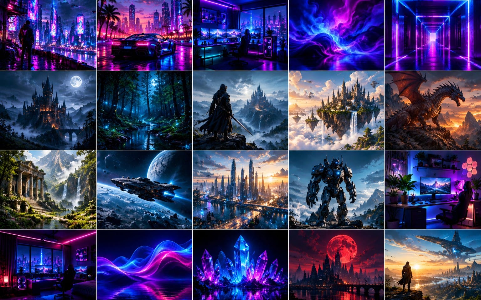 Collage of 20 4K gaming wallpapers with neon sci-fi, fantasy castles, dragons, spaceships, and a PC gaming room scene