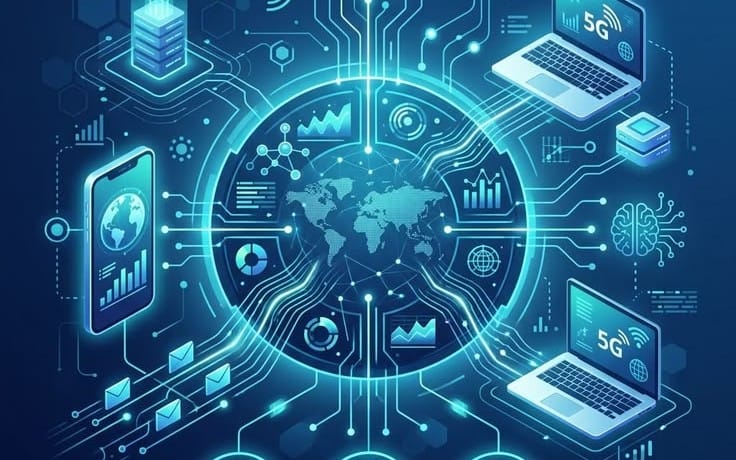Abstract digital technology branding banner for THE CORE digital goods marketplace product cover art with network globe
