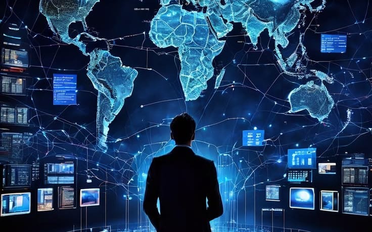 Futuristic cybersecurity-themed background with servers, glowing network lines, and world map behind a person