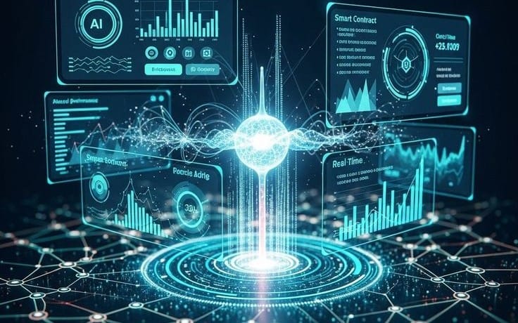 Futuristic AI dashboard and smart contract interface overlay on digital network with glowing data sphere