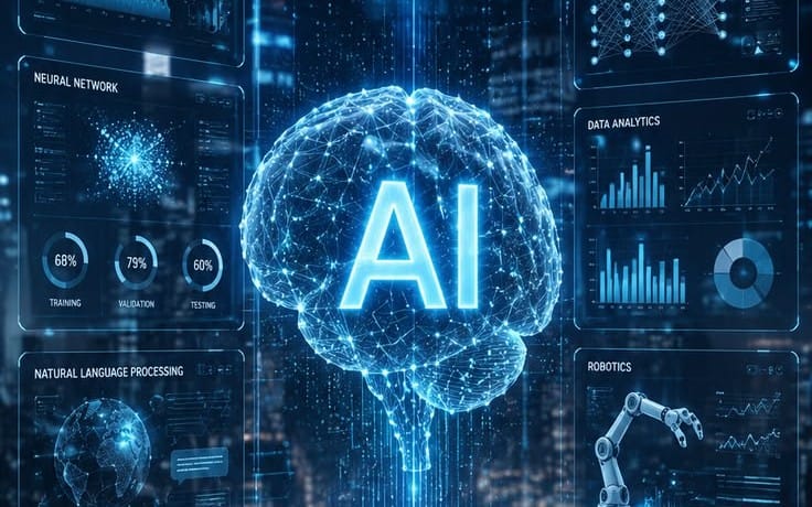 Futuristic AI brain graphic with network nodes and analytics dashboards, digital AI-themed illustration
