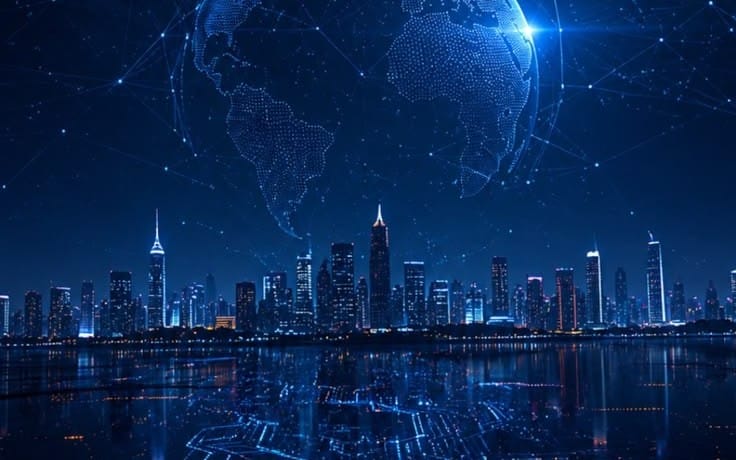 Futuristic city skyline at night with globe hologram background digital artwork for a theme or wallpaper