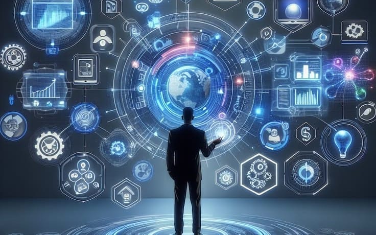 Futuristic digital analytics dashboard background with person silhouette, representing a technology-themed digital